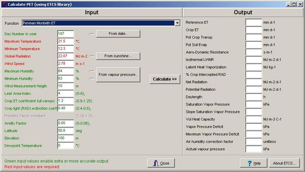 The manual ET0 calculation window